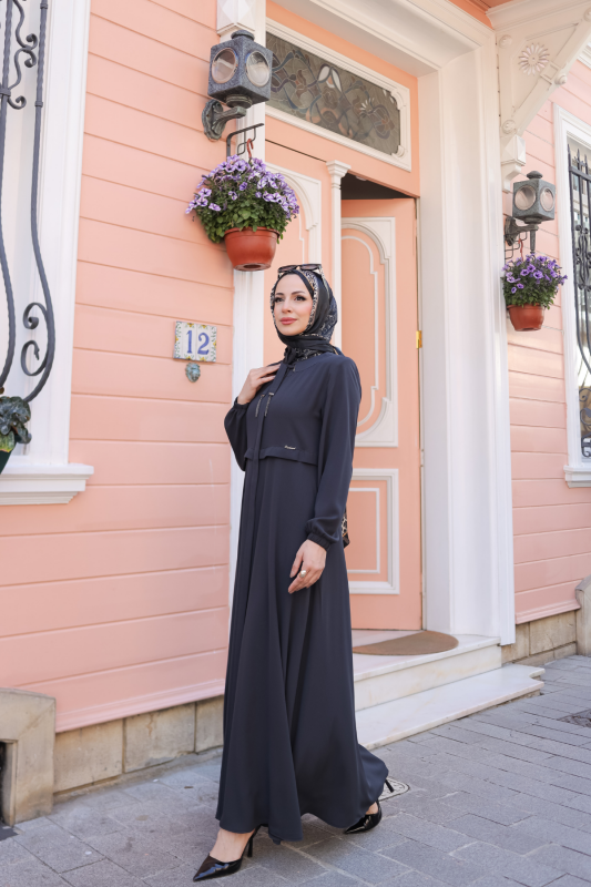 Allerli Kiloş Bağcıklı Ferace Füme - 9041 - 31