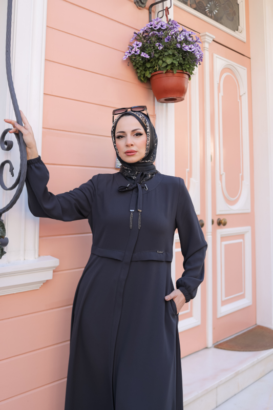 Allerli Kiloş Bağcıklı Ferace Füme - 9041 - 2
