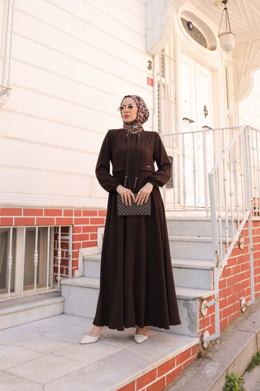 Allerli Kiloş Bağcıklı Ferace Kahverengi - 9041 - 28