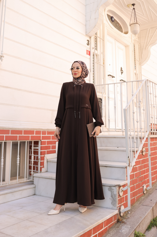 Allerli Kiloş Bağcıklı Ferace Kahverengi - 9041 - 30