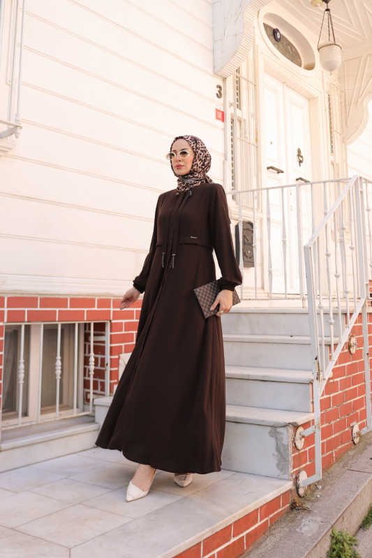 Allerli Kiloş Bağcıklı Ferace Kahverengi - 9041 - 11