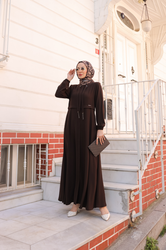 Allerli Kiloş Bağcıklı Ferace Kahverengi - 9041 - 17