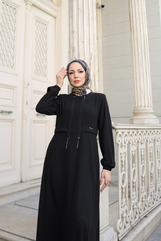 Allerli Kiloş Bağcıklı Ferace Siyah - 9041 - 27