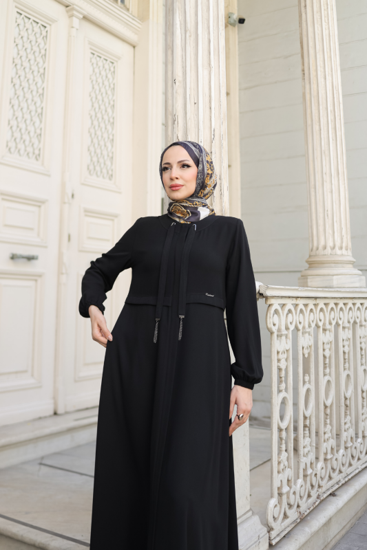 Allerli Kiloş Bağcıklı Ferace Siyah - 9041 - 28