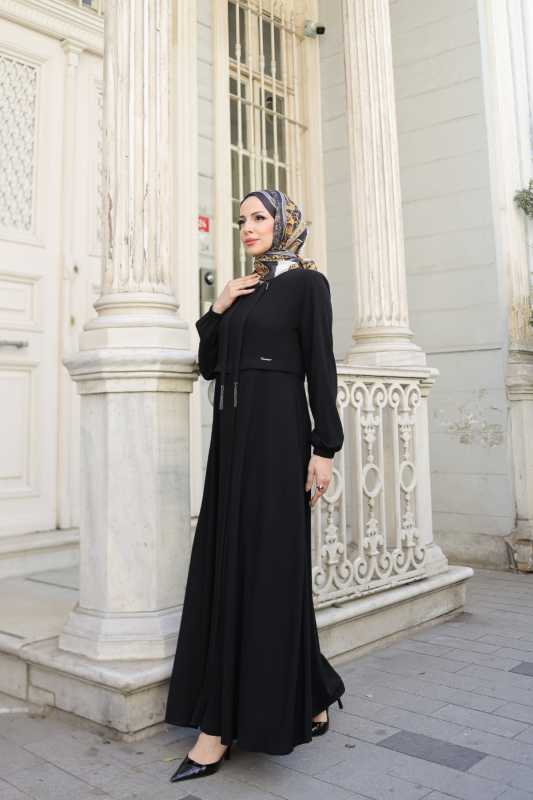 Allerli Kiloş Bağcıklı Ferace Siyah - 9041 - 19