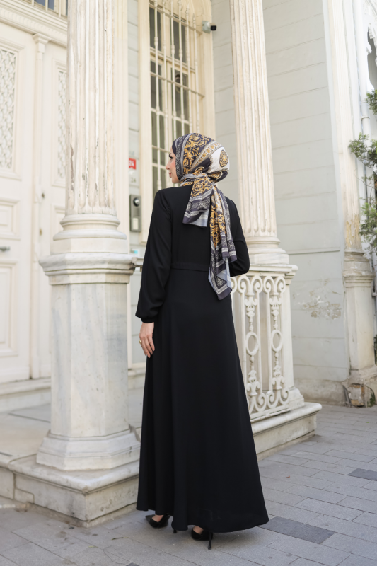Allerli Kiloş Bağcıklı Ferace Siyah - 9041 - 2