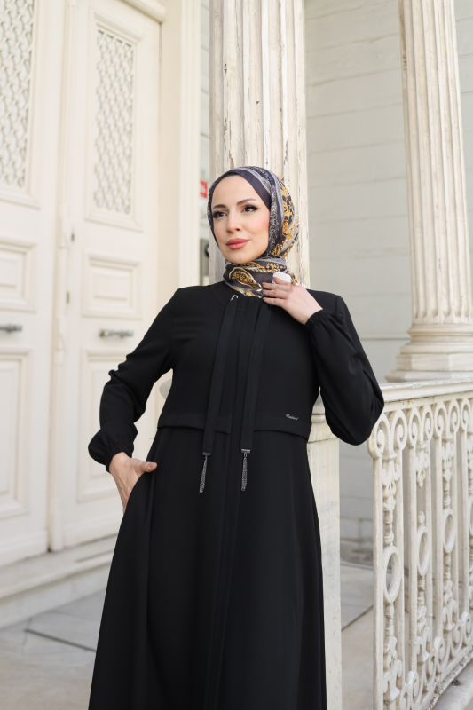 Allerli Kiloş Bağcıklı Ferace Siyah - 9041 - 5