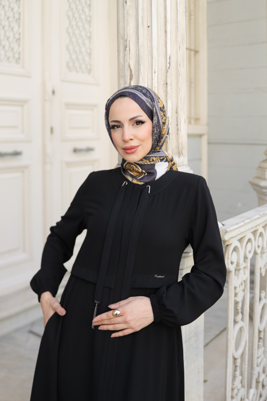 Allerli Kiloş Bağcıklı Ferace Siyah - 9041 - 6