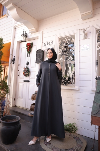 Anne Mac Taşlı Saç örgülü Ferace Füme - 9044 