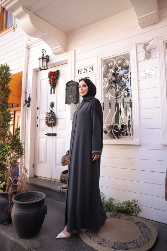 Anne Mac Taşlı Saç örgülü Ferace Füme - 9044 - 2
