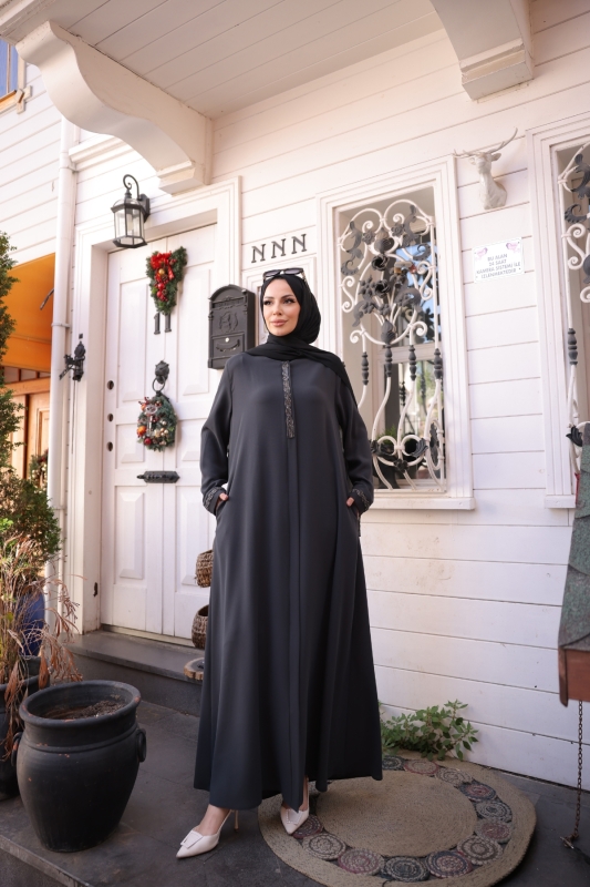 Anne Mac Taşlı Saç örgülü Ferace Füme - 9044 - 4