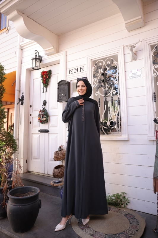 Anne Mac Taşlı Saç örgülü Ferace Füme - 9044 - 6