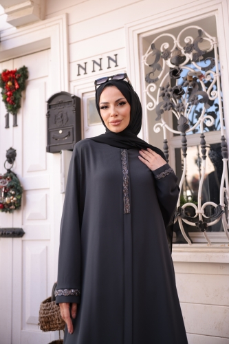 Anne Mac Taşlı Saç örgülü Ferace Füme - 9044 - 7