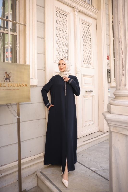 Anne Mac Taşlı Saç örgülü Ferace Lacivert- 9044 - 1
