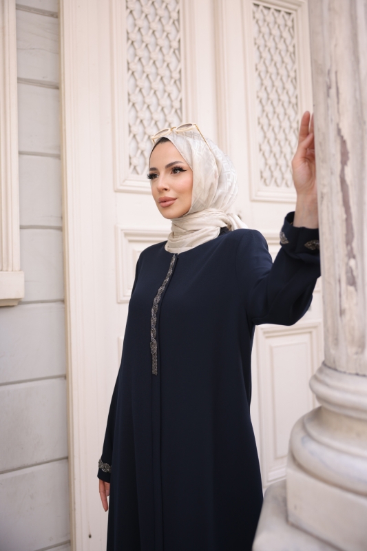 Anne Mac Taşlı Saç örgülü Ferace Lacivert- 9044 - 2