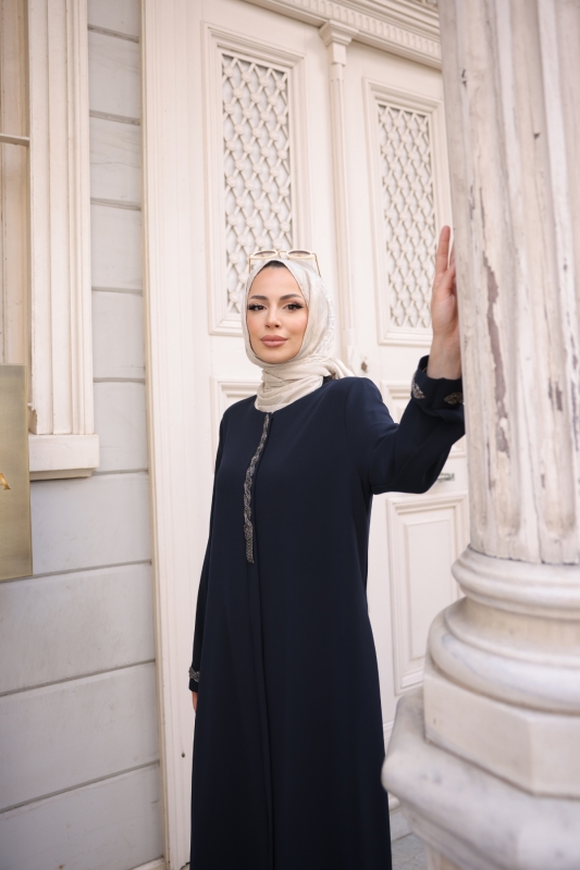 Anne Mac Taşlı Saç örgülü Ferace Lacivert- 9044 - 7