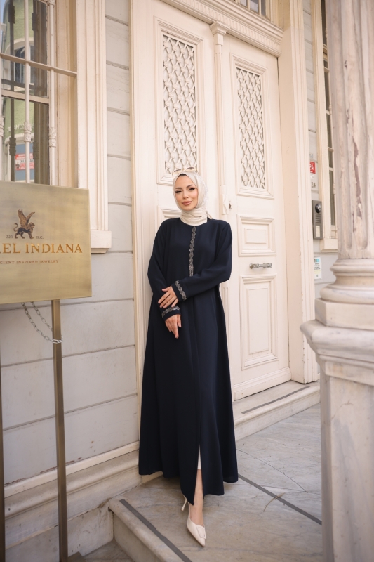 Anne Mac Taşlı Saç örgülü Ferace Lacivert- 9044 - 8