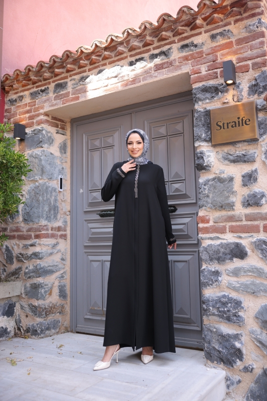 Anne Mac Taşlı Saç örgülü Ferace Siyah - 9044 - 1