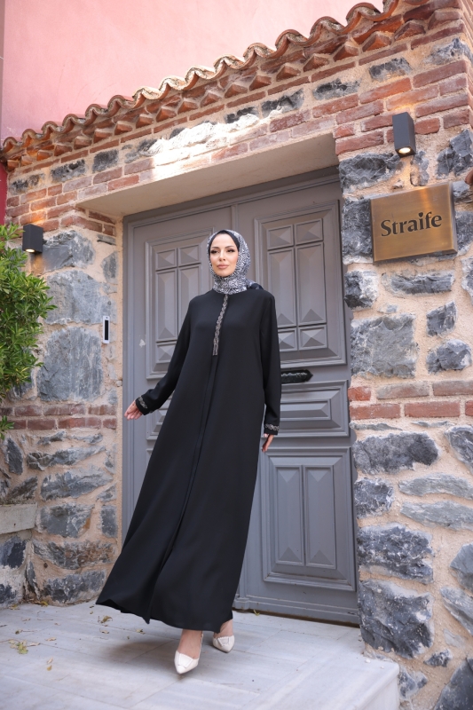Anne Mac Taşlı Saç örgülü Ferace Siyah - 9044 - 7