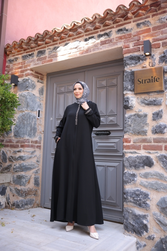Anne Mac Taşlı Saç örgülü Ferace Siyah - 9044 - 8