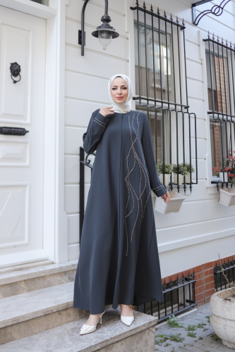 Asalet Taşlı Ferace Füme - 9043 