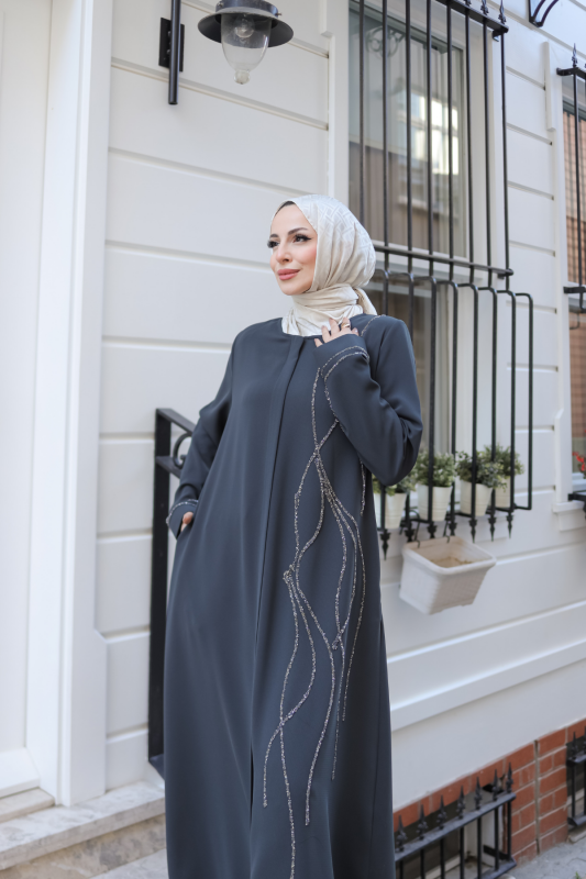 Asalet Taşlı Ferace Füme - 9043 - 2