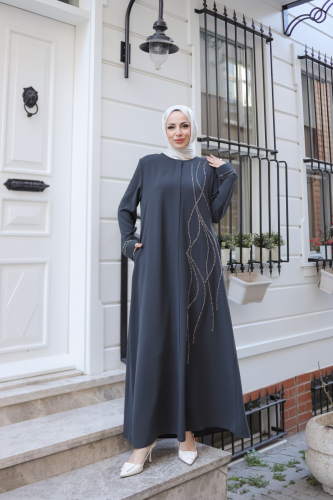 Asalet Taşlı Ferace Füme - 9043 - 4