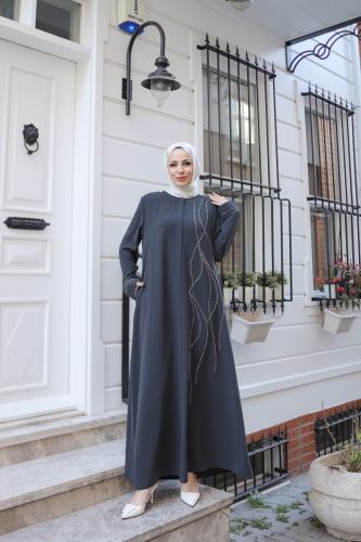 Asalet Taşlı Ferace Füme - 9043 - 6