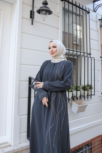 Asalet Taşlı Ferace Füme - 9043 - 8