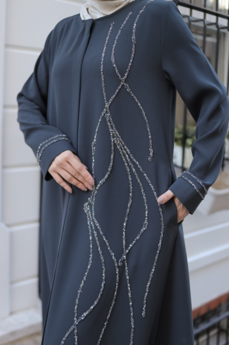 Asalet Taşlı Ferace Füme - 9043 - 9