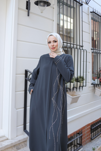 Asalet Taşlı Ferace Füme - 9043 - 10