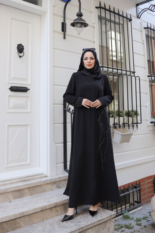 Asalet Taşlı Ferace Siyah - 9043 - 1
