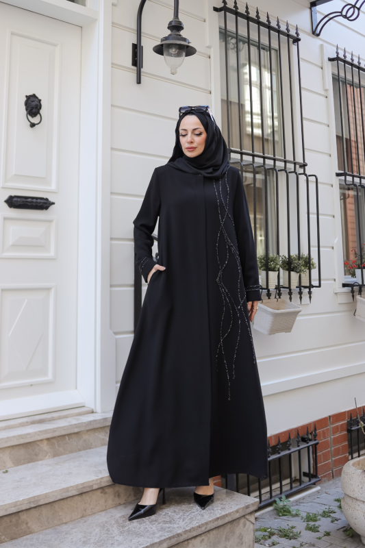 Asalet Taşlı Ferace Siyah - 9043 - 2