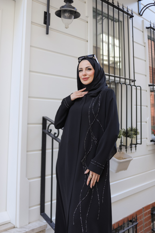 Asalet Taşlı Ferace Siyah - 9043 - 6