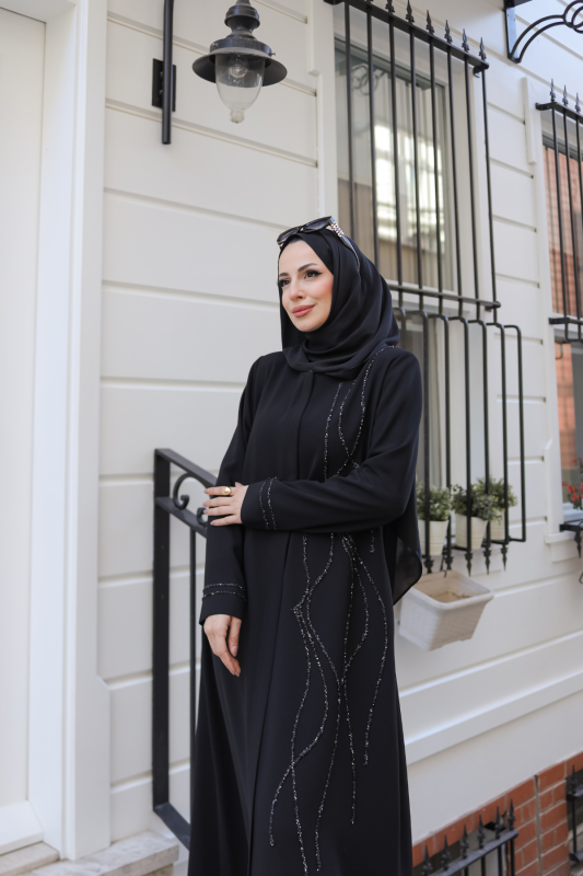 Asalet Taşlı Ferace Siyah - 9043 - 7
