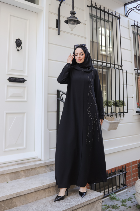 Asalet Taşlı Ferace Siyah - 9043 - 8