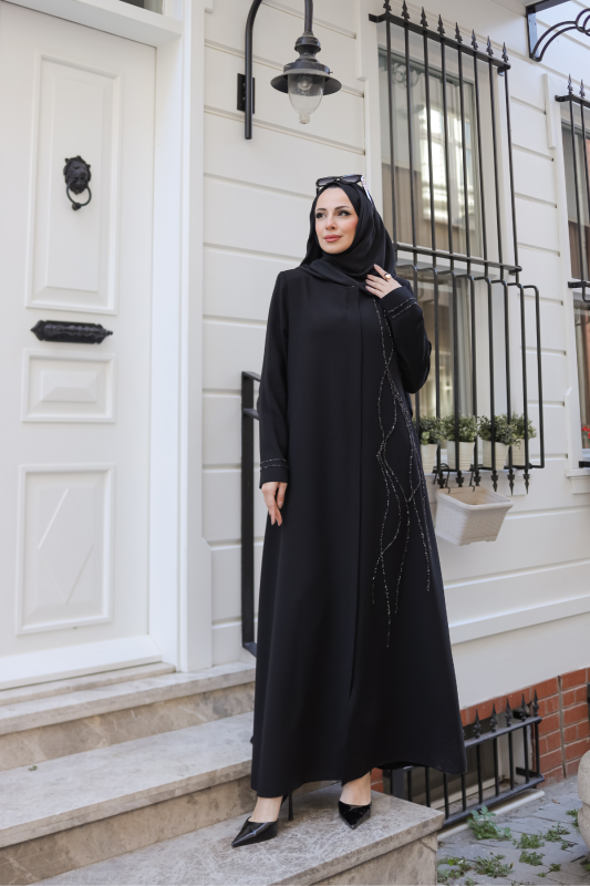 Asalet Taşlı Ferace Siyah - 9043 - 9