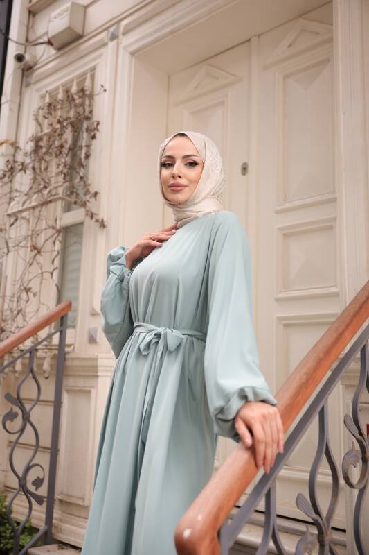Balon kol lastikli standart elbise Mint Yeşili - 9021 - 5