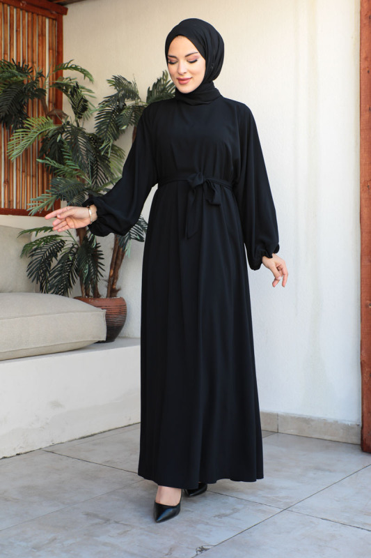 Balon kol lastikli standart elbise Siyah - 9021 - 7