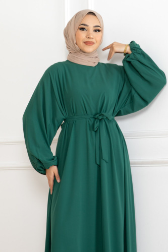Balon kol lastikli standart elbise Yeşil- 9021 - 6