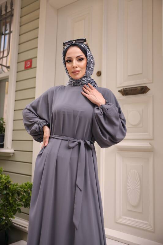 Balon kol standart elbise Füme - 9021 - 3