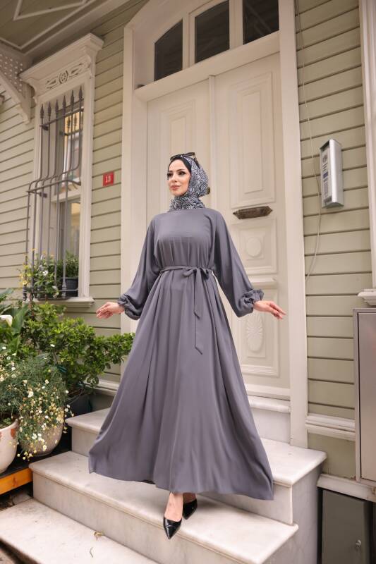 Balon kol standart elbise Füme - 9021 - 6