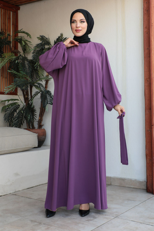 Balon kol standart elbise Lila - 9021 - 6