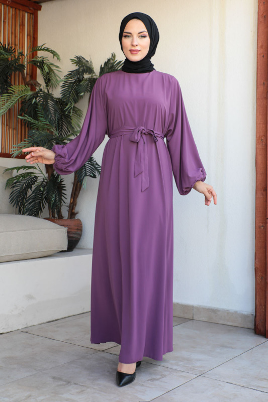 Balon kol standart elbise Lila - 9021 - 8