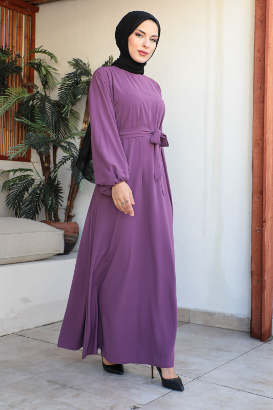 Balon kol standart elbise Lila - 9021 - 9