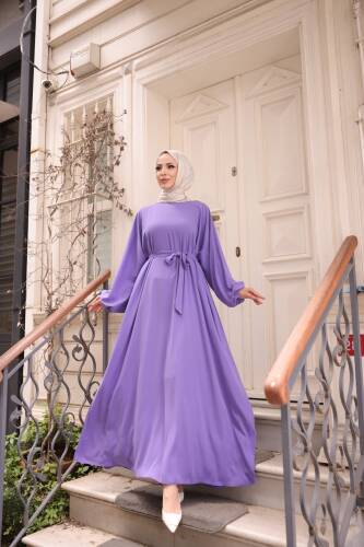 Balon kol standart elbise Lila - 9021 