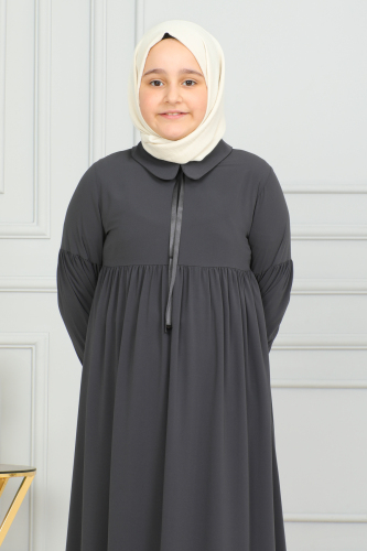 Bebe Yaka Büzgülü Çocuk Elbise Füme - 4006 