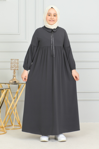 Bebe Yaka Büzgülü Çocuk Elbise Füme - 4006 - 2