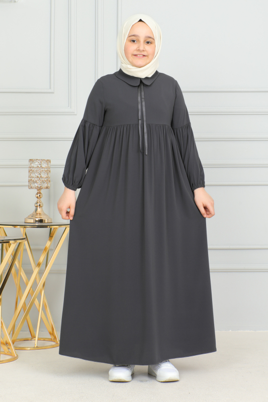 Bebe Yaka Büzgülü Çocuk Elbise Füme - 4006 - 2