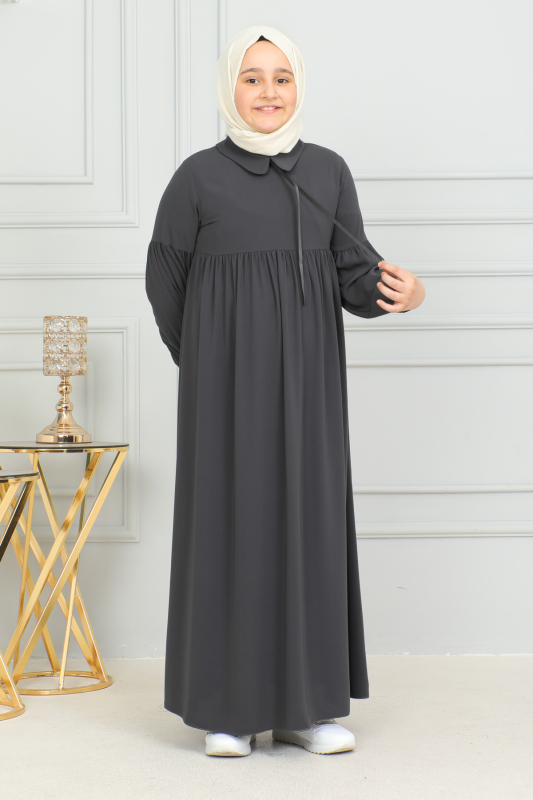 Bebe Yaka Büzgülü Çocuk Elbise Füme - 4006 - 3